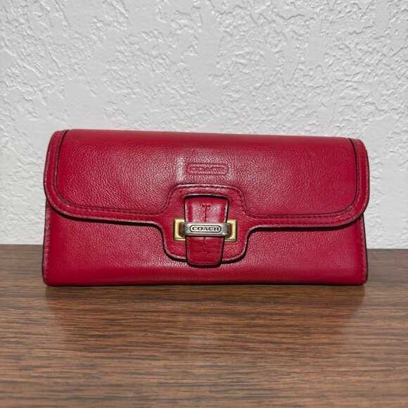Coach Taylor Leather Checkbook Wallet Fold Over Snap Front Red Gold Y2K Classic - Picture 1 of 12